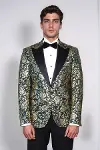 Gold Gül Desenli Slim Fit Yeşil Erkek Smokin Ceket - Wessi-3