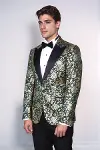 Gold Gül Desenli Slim Fit Yeşil Erkek Smokin Ceket - Wessi-4
