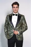 Gold Gül Desenli Slim Fit Yeşil Erkek Smokin Ceket - Wessi-1