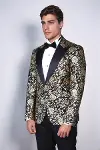Gold Gül Desenli Slim Fit Siyah Erkek Smokin Ceket - Wessi-4