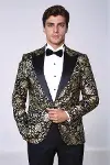 Gold Gül Desenli Slim Fit Siyah Erkek Smokin Ceket - Wessi-1