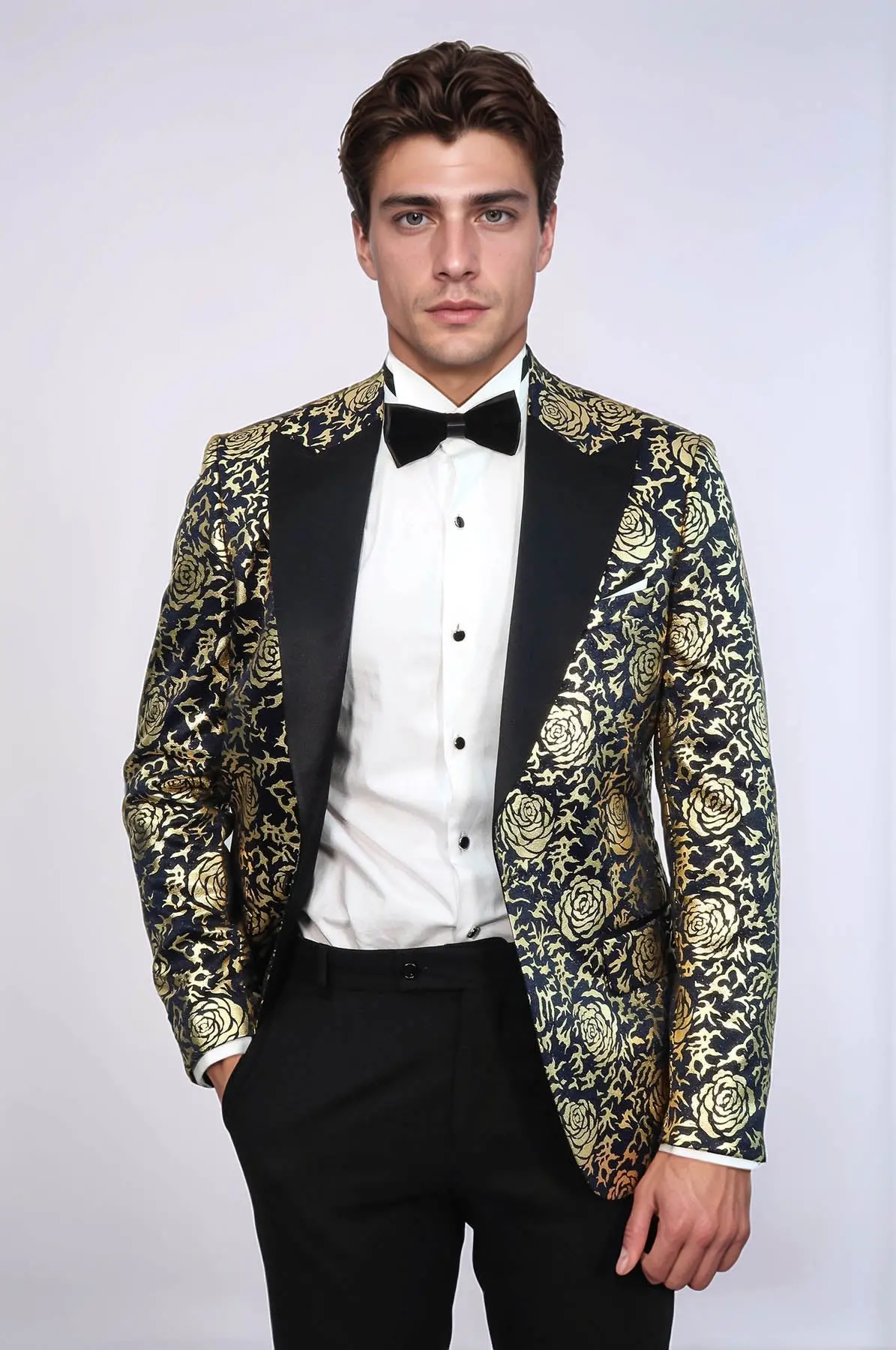 Gold Gül Desenli Slim Fit Lacivert Erkek Smokin Ceket - Wessi