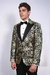 Gold Gül Desenli Slim Fit Lacivert Erkek Smokin Ceket - Wessi-3