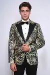 Gold Gül Desenli Slim Fit Lacivert Erkek Smokin Ceket - Wessi-4