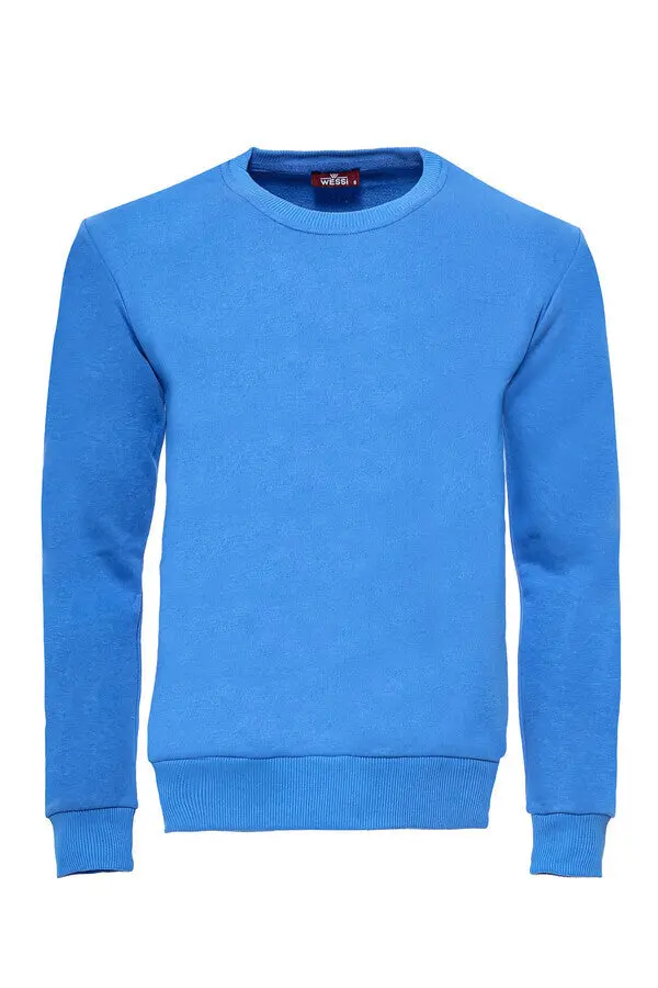 Saks Mavi Desensiz Bisiklet Yaka Sweatshirt - Wessi
