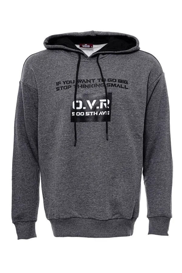 Kapşonlu Baskılı Füme Erkek Sweatshirt - Wessi