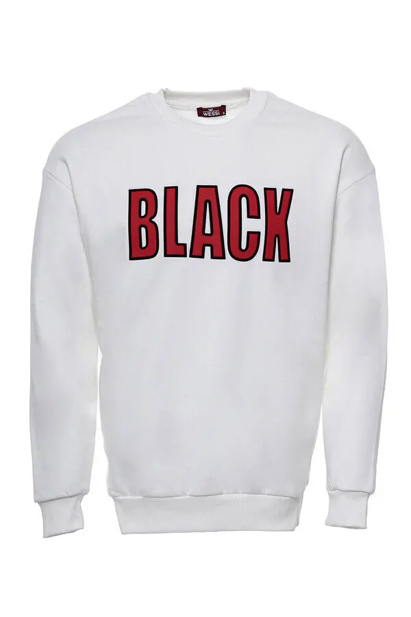 Krem Baskılı Bisiklet Yaka Erkek Sweatshirt - Wessi