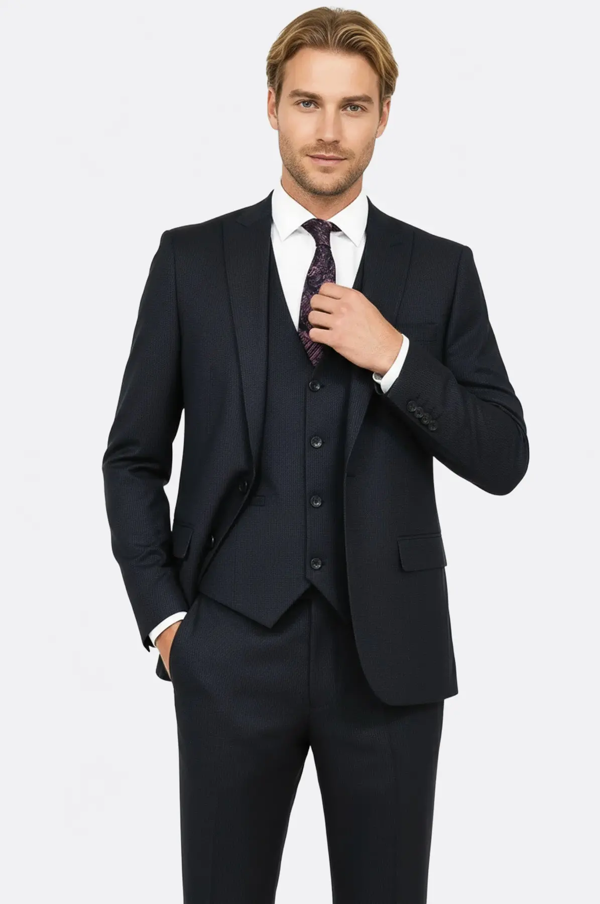 Slim Fit Desenli Lacivert Erkek Takım Elbise - Wessi