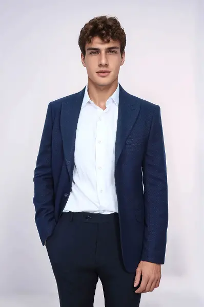 Slim Fit Desenli Koyu Mavi Erkek Ceket - Wessi