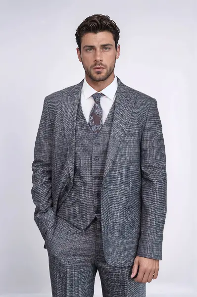 Ekose Desenli Yelekli Slim Fit Lacivert Erkek Takım Elbise - Wessi