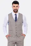 Kendinden Desenli Yelekli Slim Fit Bej Takım Elbise - Wessi-5