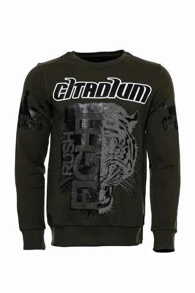Haki Yeşil Citadium Baskılı Taşlı Bisiklet Yaka Sweatshirt | Wessi