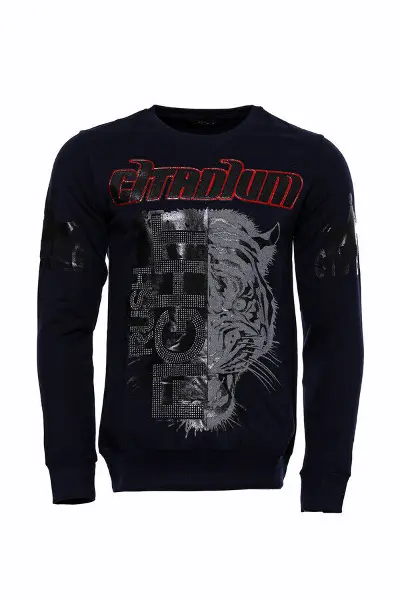 Lacivert Kaplan Baskılı Bisiklet Yaka Sweatshirt | Wessi