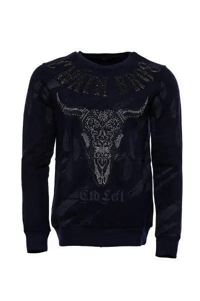 Koyu Mavi Taşlı Boğa Kafası Baskılı Bisiklet Yaka Sweatshirt | Wessi