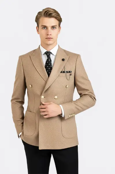 Kruvaze Slim Fit Krem Erkek Ceket - Wessi