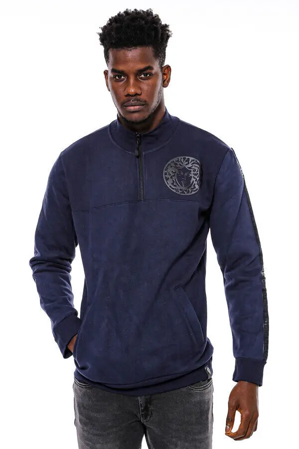 Lacivert Fermuarlı Baskılı Sweatshirt - Wessi