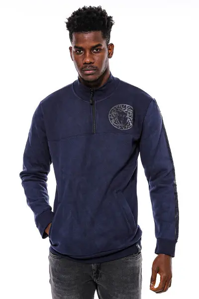 Lacivert Fermuarlı Baskılı Sweatshirt - Wessi