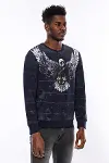 Lacivert Yıkamalı Kartal Baskılı Bisiklet Yaka Sweatshirt | Wessi-3