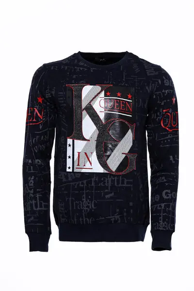 Lacivert King Queen Baskılı Graffiti Sweatshirt | Wessi