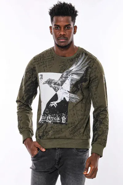 Haki Yeşil No Regrets Kartal Baskılı Taşlı Bisiklet Yaka Sweatshirt | Wessi