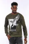 Haki Yeşil No Regrets Kartal Baskılı Taşlı Bisiklet Yaka Sweatshirt | Wessi-3