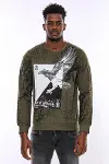 Haki Yeşil No Regrets Kartal Baskılı Taşlı Bisiklet Yaka Sweatshirt | Wessi-4
