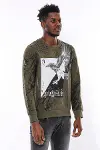 Haki Yeşil No Regrets Kartal Baskılı Taşlı Bisiklet Yaka Sweatshirt | Wessi-5
