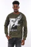 Haki Yeşil No Regrets Kartal Baskılı Taşlı Bisiklet Yaka Sweatshirt | Wessi-1