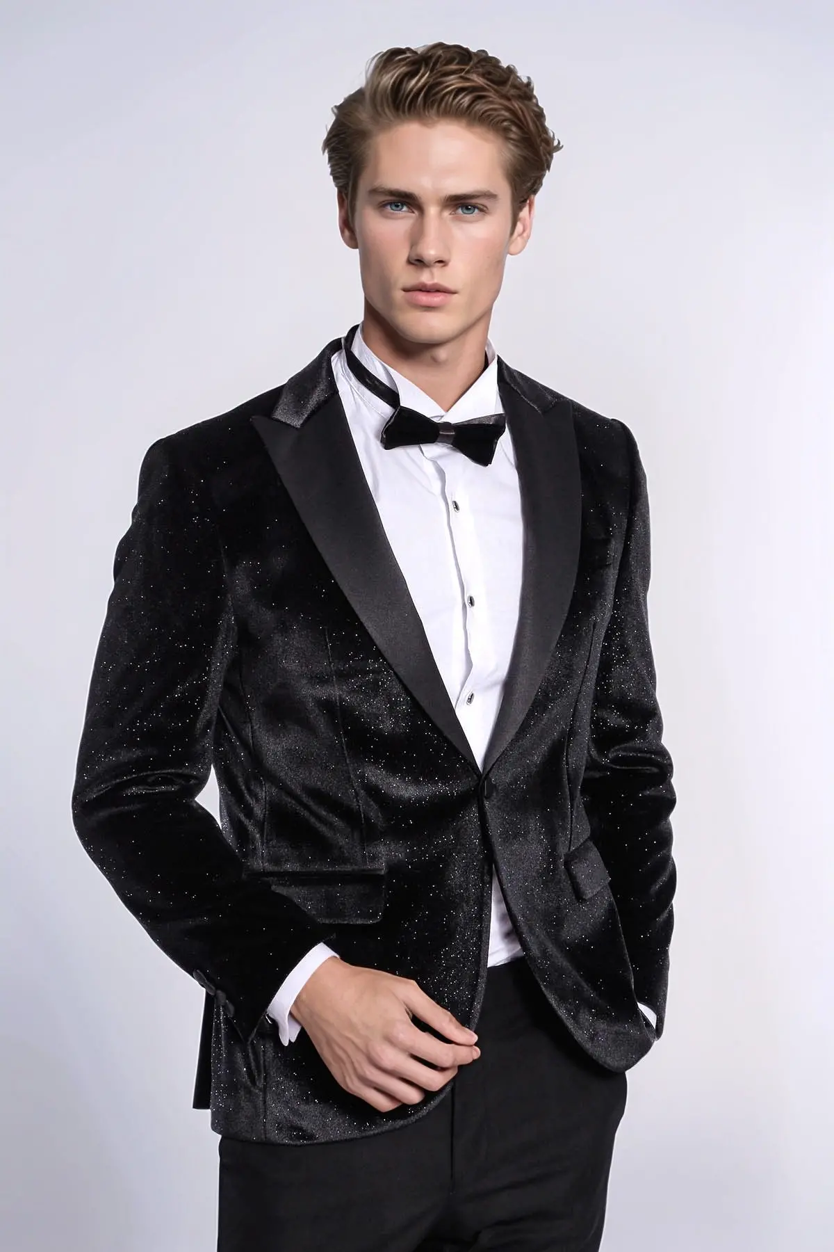 Simli Slim Fit Kadife Siyah Erkek Smokin Ceket - Wessi