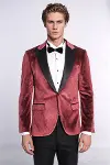 Simli Slim Fit Kadife Bordo Erkek Smokin Ceket - Wessi-2