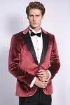 Simli Slim Fit Kadife Bordo Erkek Smokin Ceket - Wessi-5