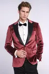 Simli Slim Fit Kadife Bordo Erkek Smokin Ceket - Wessi-1