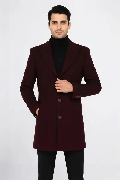 Bordo Geniş Yaka Yün Erkek Kaban - Wessi