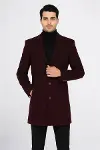 Bordo Geniş Yaka Yün Erkek Kaban - Wessi-1