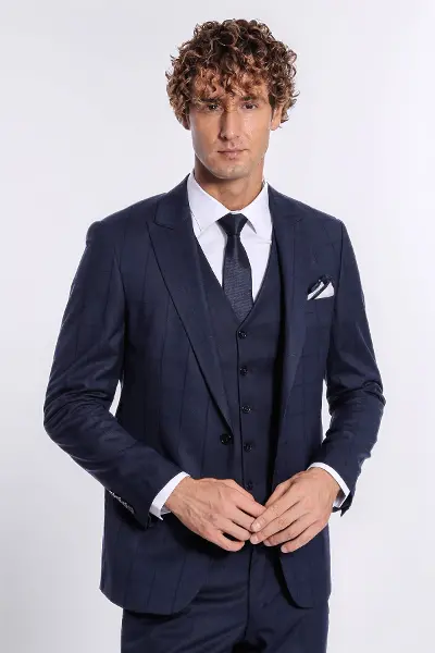 Ekose Desenli Yelekli Slim Fit Lacivert Erkek Takım Elbise - Wessi