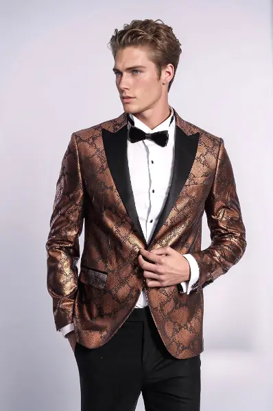 Desenli Slim Fit Kahverengi Erkek Smokin Ceket - Wessi