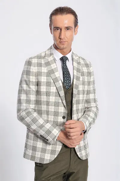 Ekose Ceketli Slim Fit Yeşil Erkek Takım Elbise - Wessi