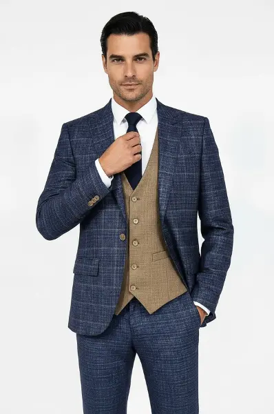 Ekose Ceketli Slim Fit Lacivert Erkek Takım Elbise - Wessi