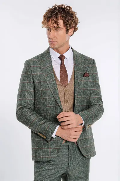 Ekose Ceketli Slim Fit Yeşil Erkek Takım Elbise - Wessi