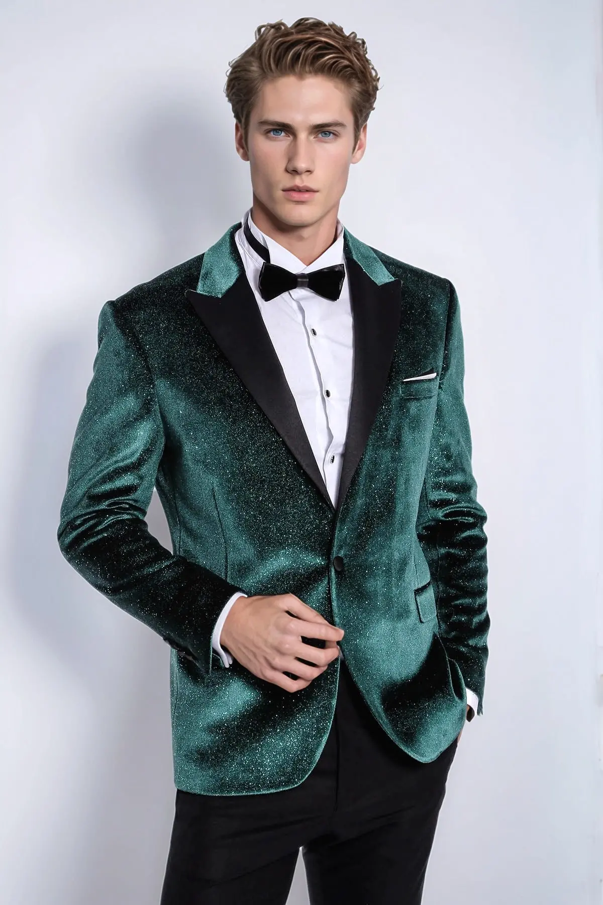 Simli Slim Fit Kadife Yeşil Erkek Smokin Ceket - Wessi