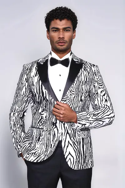 Slim Fit Zebra Desen Beyaz Erkek Smokin Ceket - Wessi