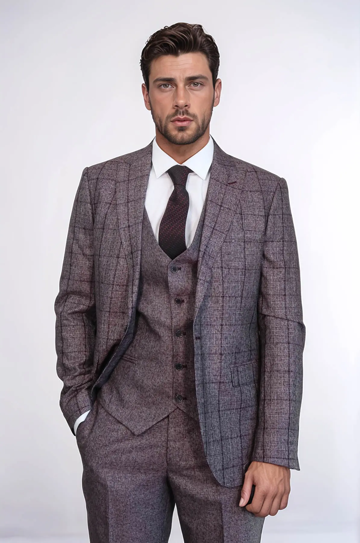 Slim Fit Ekose Bordo Erkek Takım Elbise - Wessi