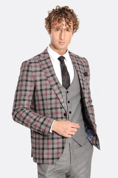 Ekose Ceketli Slim Fit Gri Erkek Takım Elbise - Wessi