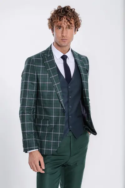 Mavi Yelekli Slim Fit Ekose Yeşil Erkek Takım Elbise - Wessi
