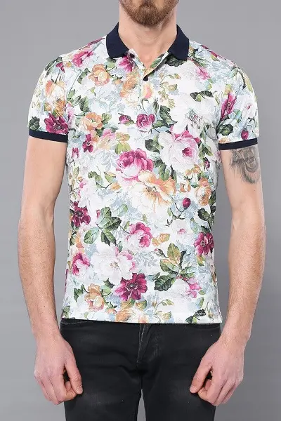 Beyaz Botanik Gül Desenli Polo Yaka T-Shirt | Wessi