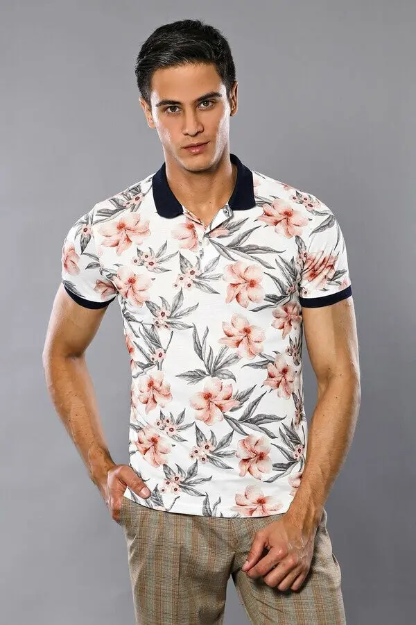 Krem Tropikal Çiçek Desenli Polo Yaka T-Shirt | Wessi