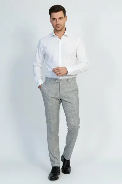 Slim Fit Kareli Kumaş Gri Erkek Pantolon - Wessi