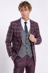 Bordo Ekoseli Desenli Yelekli Takım Elbise - Wessi-3