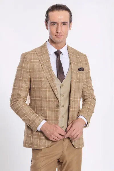 Ekose Ceketli Slim Fit Bej Erkek Takım Elbise - Wessi