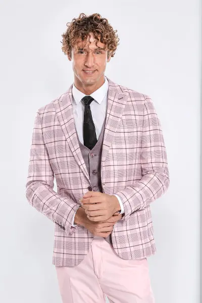 Ekose Ceketli Slim Fit Pembe Erkek Takım Elbise - Wessi